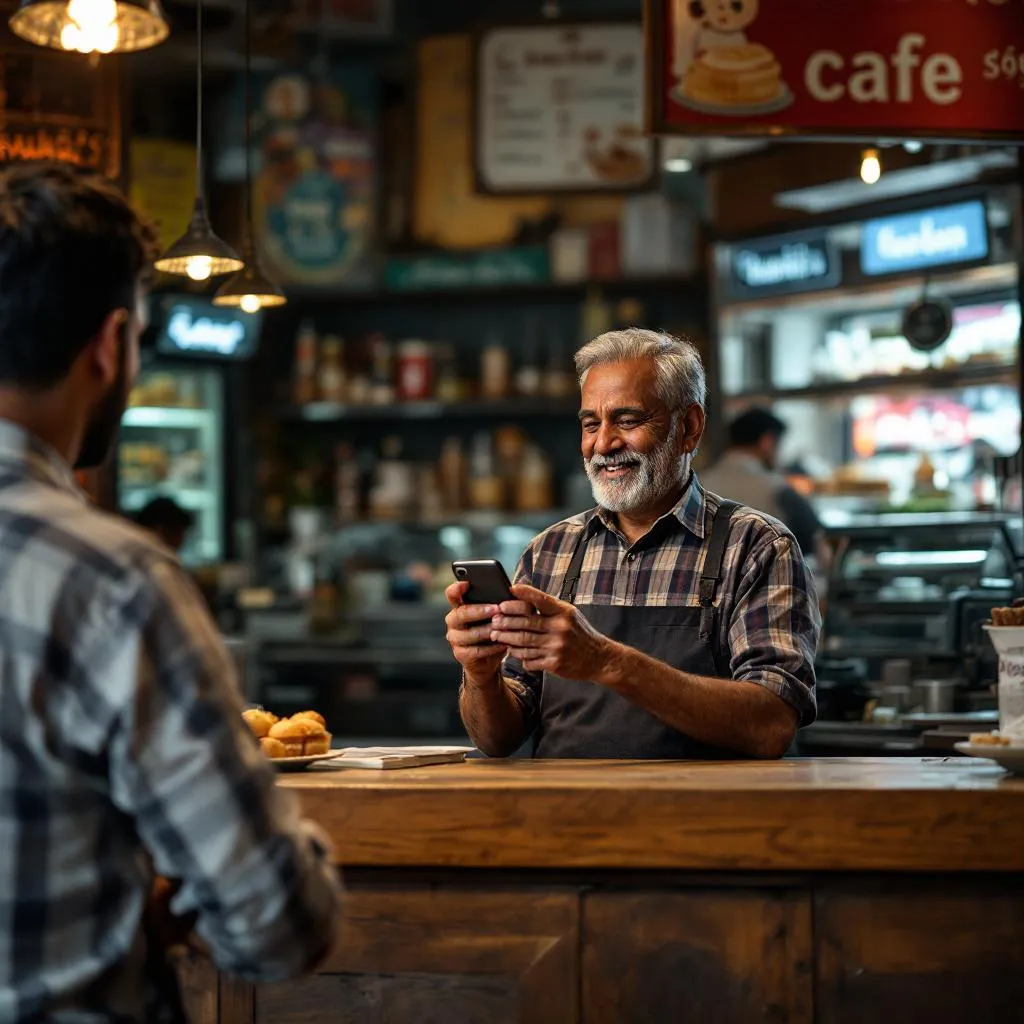 Shopkeeper speaking into phone
